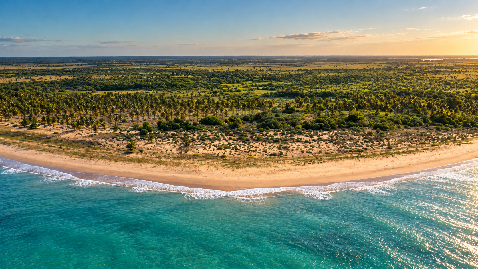 Luftbild der zum Verkauf stehenden weitläufigen Küstenliegenschaft ABROLHOS 227 an der Costa das Baleias in Brasilien.