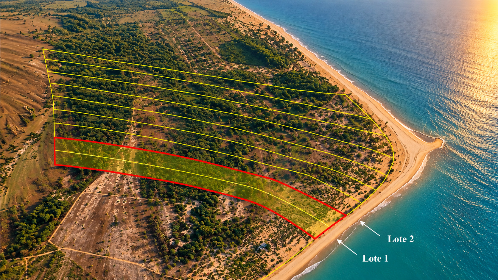 Luftaufnahme der zum Verkauf stehenden Grundstücksflächen an der Atlantikküste Bahias mit eingezeichneten Parzellengrenzen.