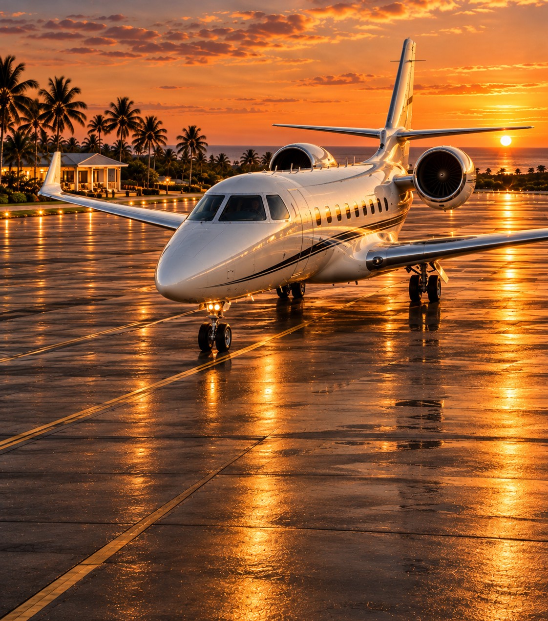 Privatjet bei Sonnenuntergang – die von PERBRA – Brazil Coastal Real Estate vermarktete Küstenliegenschaft liegt nahe einem Privatflugplatz.