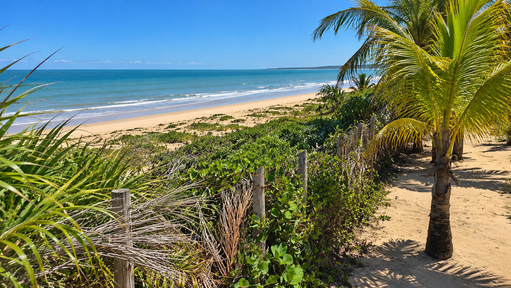 Blick von der exklusiven Küstenimmobilie nahe Porto Seguro über tropische Vegetation auf den weitläufigen Atlantikstrand.