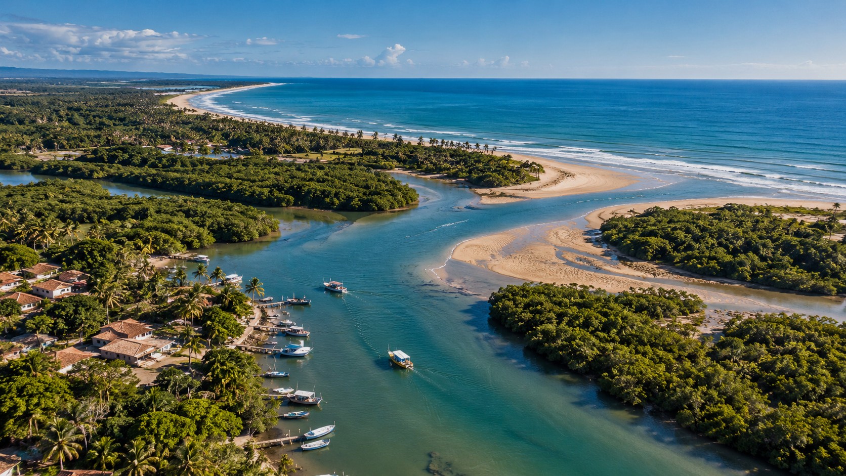 Luftbild der Mündung des Rio João de Tiba in den Atlantik nahe der exklusiven Strandliegenschaft bei Santo André in Bahia.