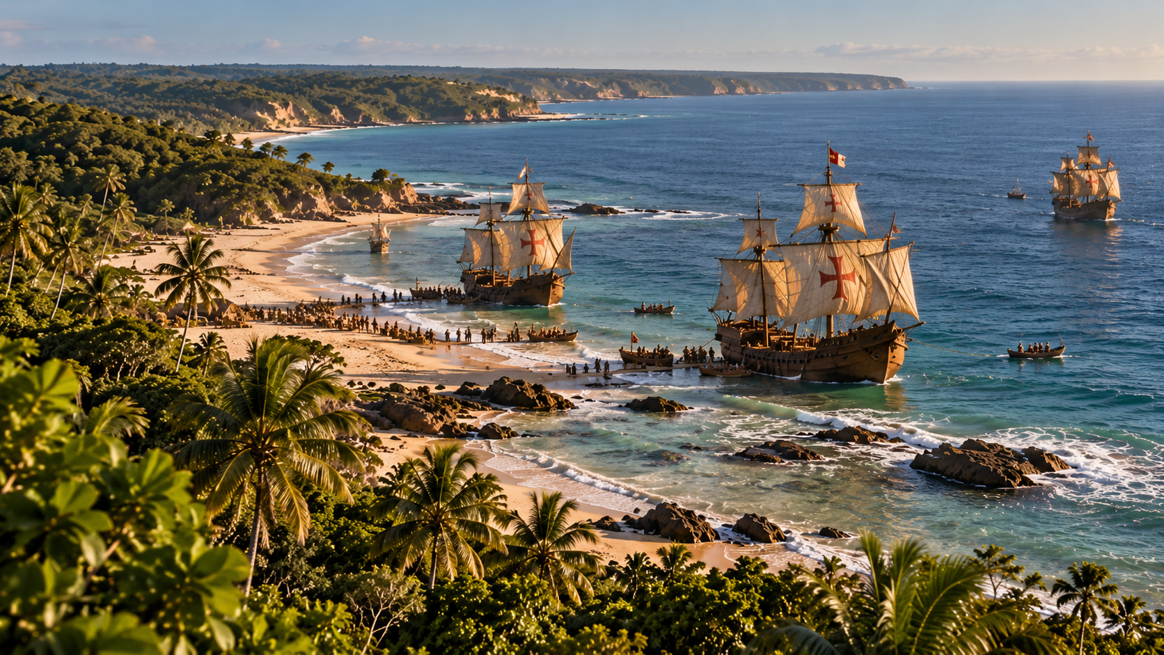 Historische Darstellung der Ankunft der portugiesischen Flotte im Jahr 1500 an der Atlantikküste Süd-Bahias.