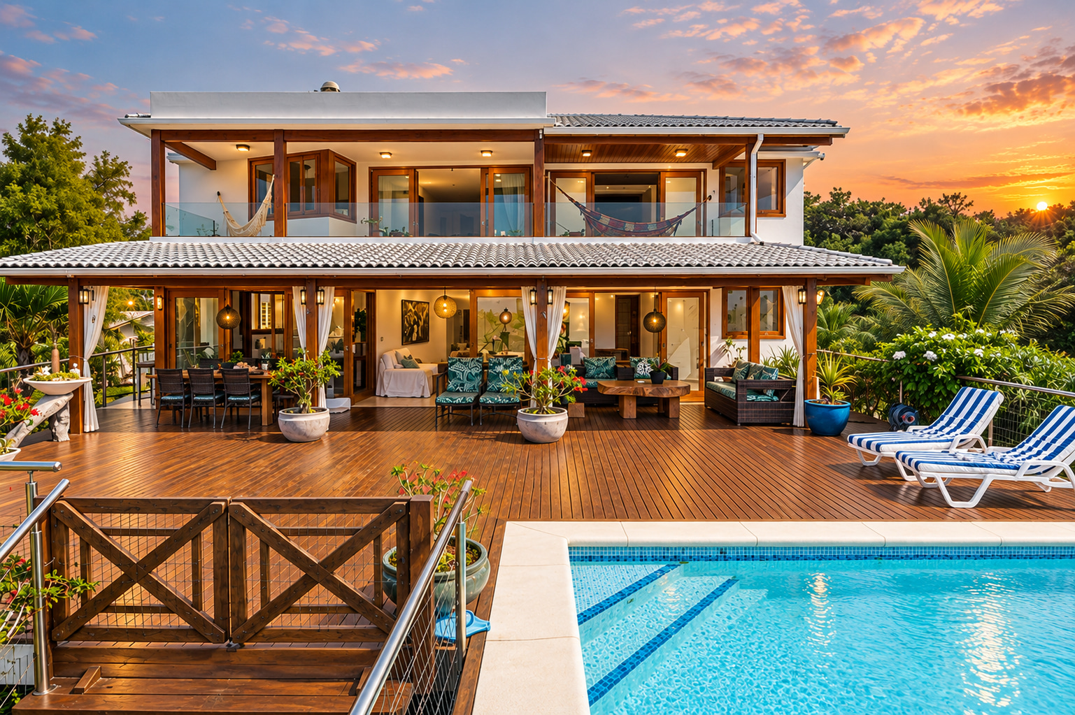 Zum Verkauf stehende exklusive Strandresidenz in Santa Cruz Cabrália, Brasilien, mit großzügiger Holzterrasse und Pool bei Sonnenuntergang.