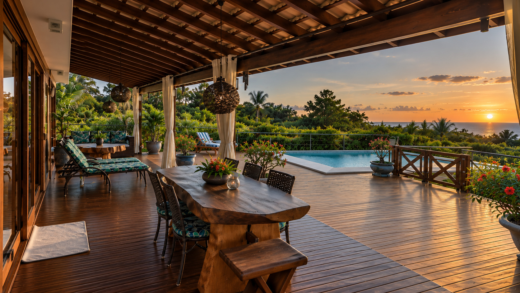 Großzügige, überdachte Holzterrasse mit Essbereich, Pool und Meerblick in einer exklusiven Ferienvilla direkt am Atlantik in Bahia.