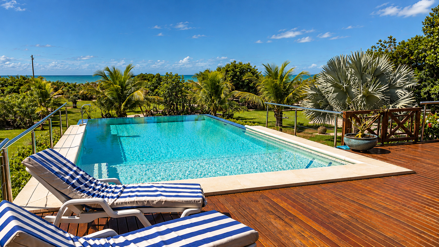 Großzügiger Pool mit Sonnendeck und Liegen, umgeben von tropischen Palmen mit Blick auf den Atlantik – exklusive Ferienimmobilie in Brasilien.