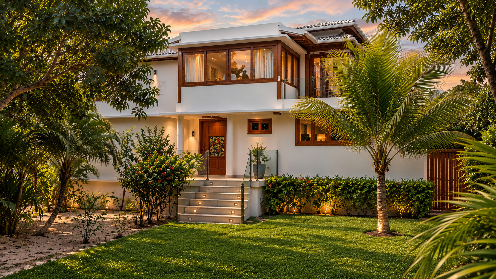 Gartenseitige Außenansicht der zum Verkauf stehenden Strandimmobilie in Bahia mit Palmen, gepflegter Grünanlage und elegant beleuchtetem Hauseingang.