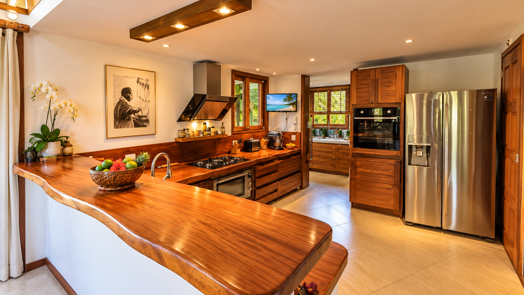 Großzügige Küche mit eleganten Holzfronten, geschwungener Massivholztheke und modernen Einbaugeräten in einer exklusiven Ferienvilla in Brasilien.