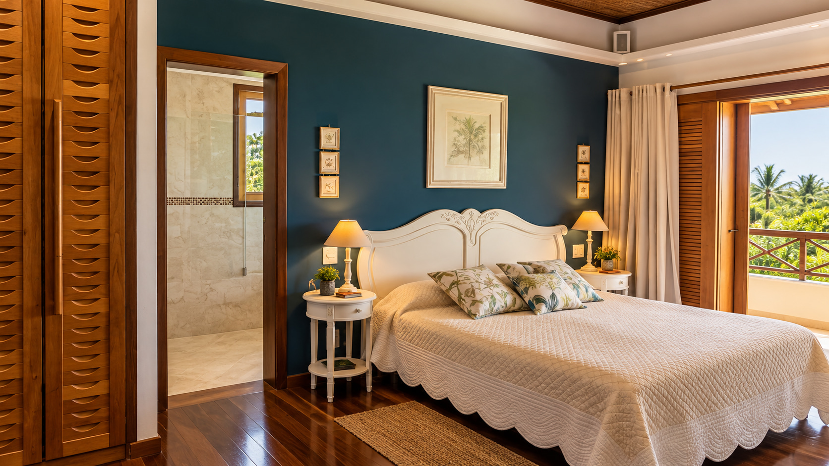 Stilvolles Gästezimmer mit dunkelblauer Akzentwand, eigenem Bad und Balkon mit Palmenblick in einer exklusiven Ferienvilla in Santo André.