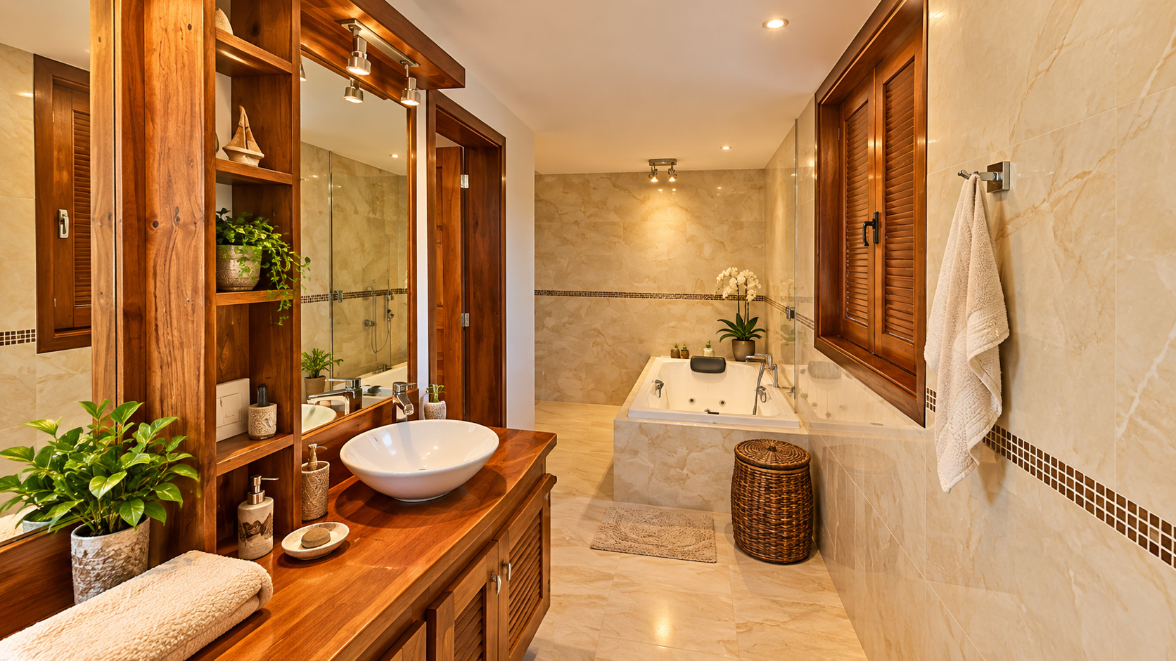 Elegantes Badezimmer mit Whirlpoolwanne, hochwertigem Holzwaschtisch und Aufsatzbecken in einer exklusiven Strandvilla.