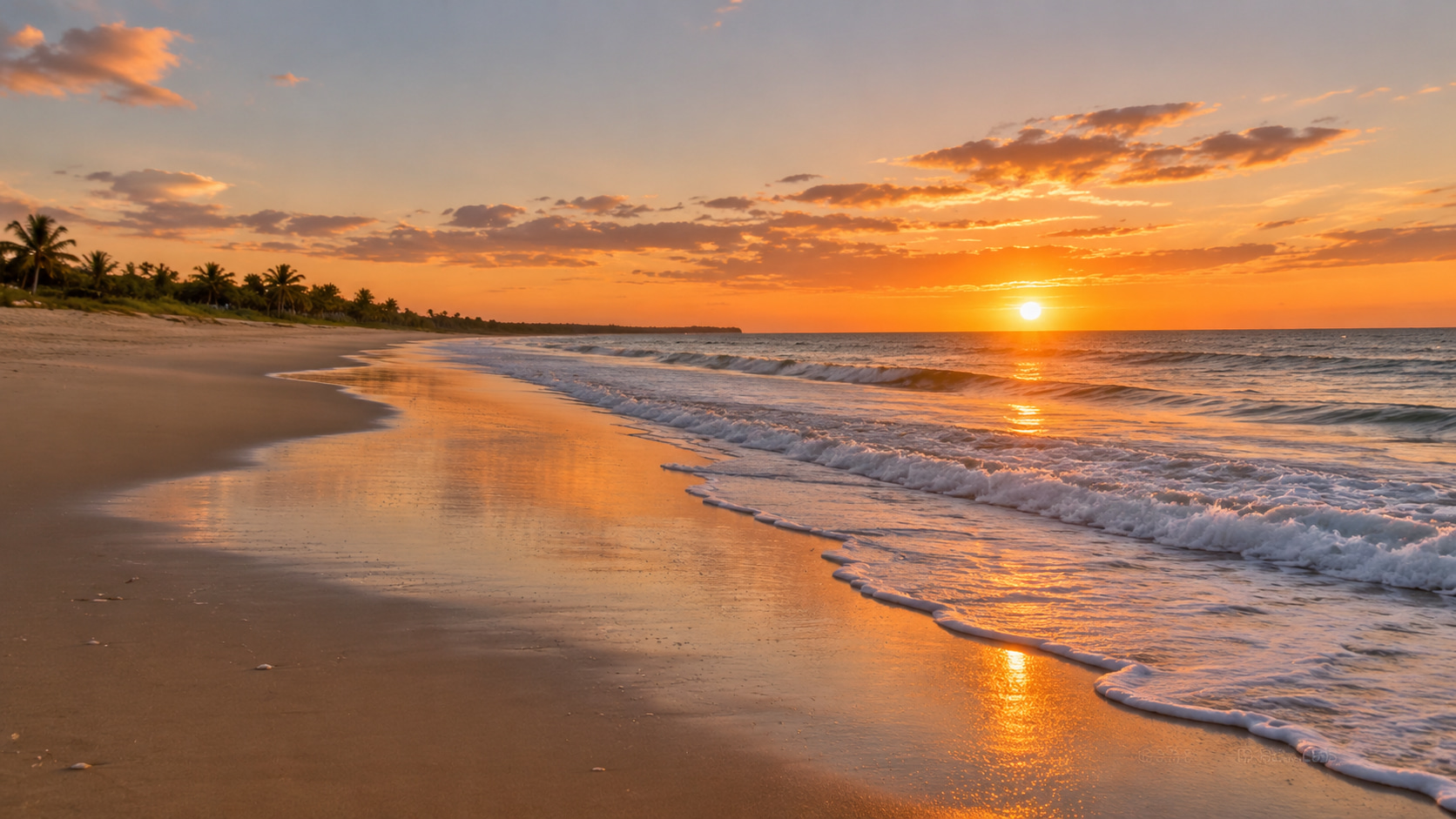 Weitläufiger, palmengesäumter Sandstrand an Brasiliens Atlantikküste mit sanfter Brandung und goldenem Sonnenlicht über dem Meer.