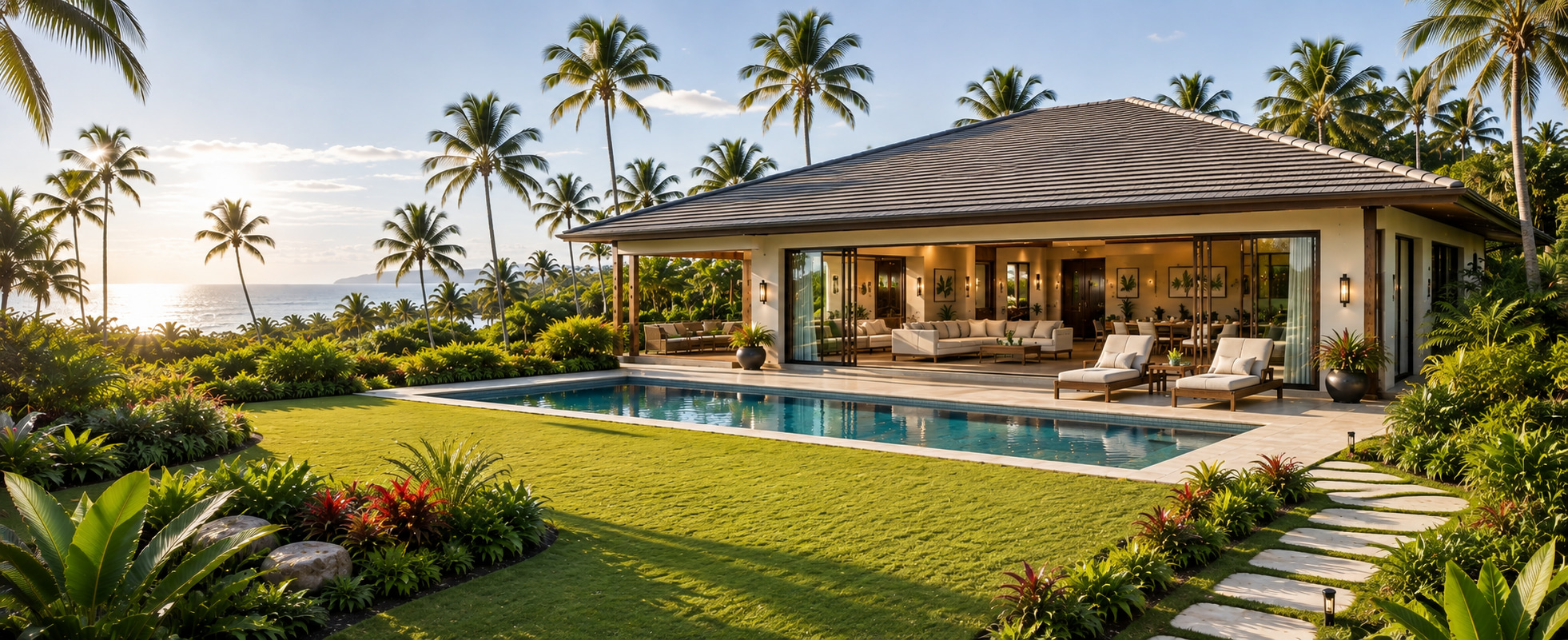 Visualisierung des Neubau-Bungalows mit optionalem Pool, überdachter Terrasse, tropischem Garten und Atlantikblick in Süd-Bahia.