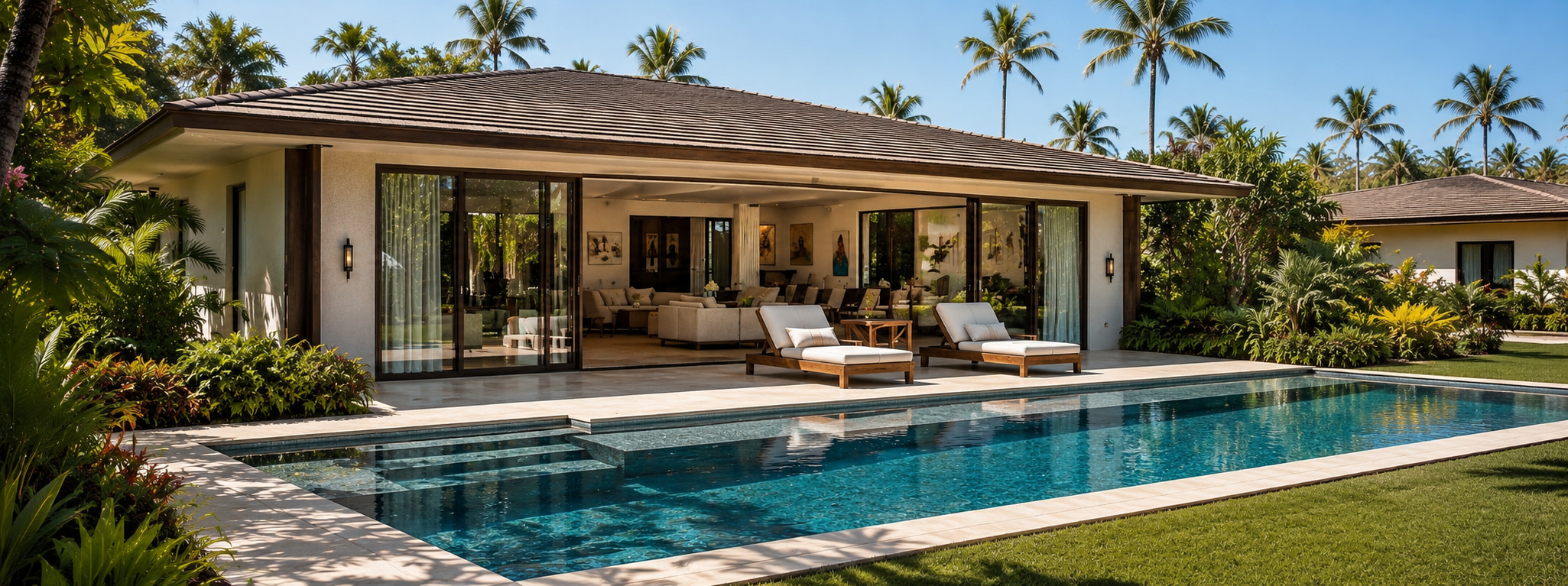 Modern bungalow with a covered terrace and pool in a tropical garden