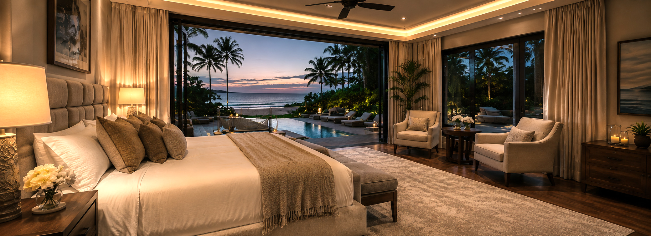 Bedroom of a coastal bungalow overlooking the pool, palm trees and ocean at dusk
