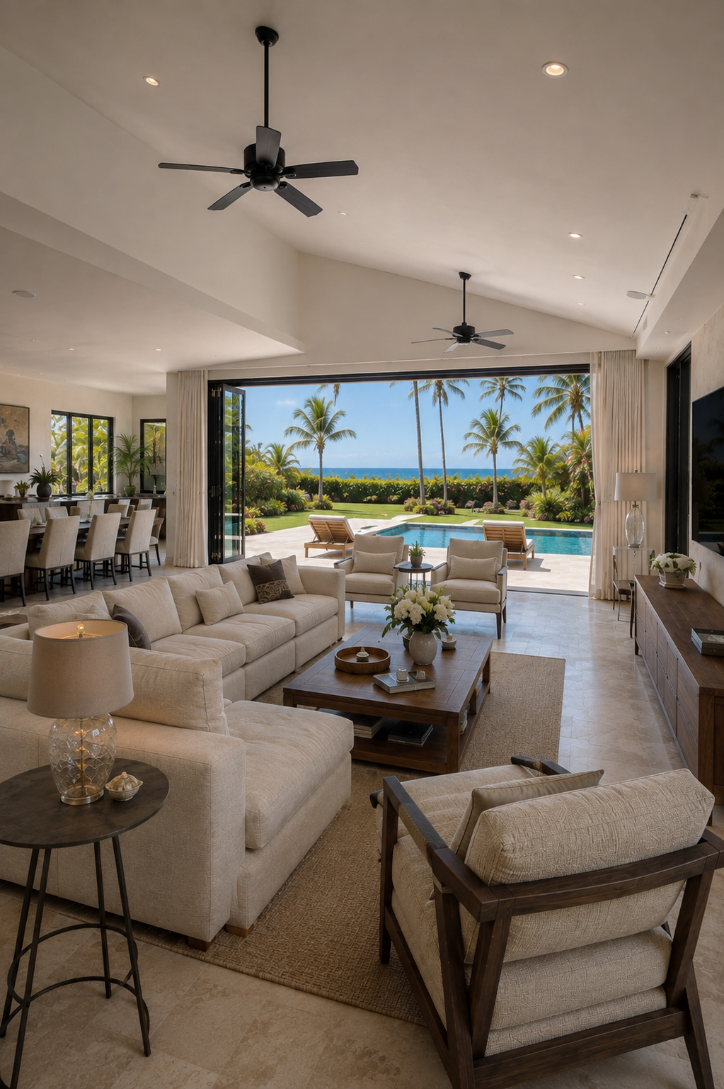 Open-plan living, dining and kitchen area in a coastal bungalow overlooking the pool and ocean