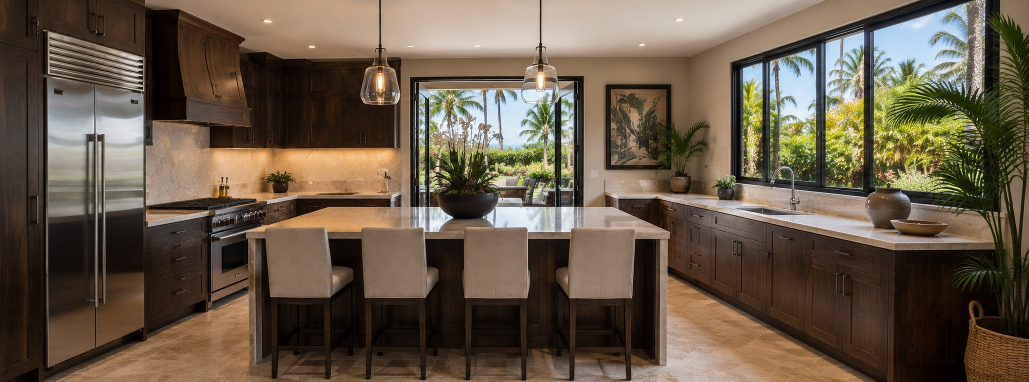 Spacious kitchen with island seating and views into the tropical garden