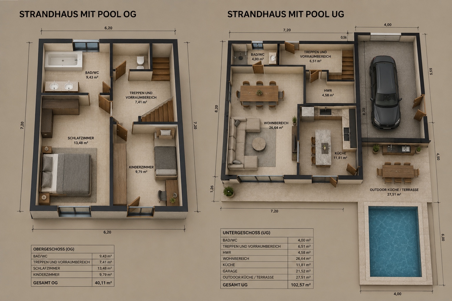Three-dimensional floor plan of a possible bungalow configuration with pool