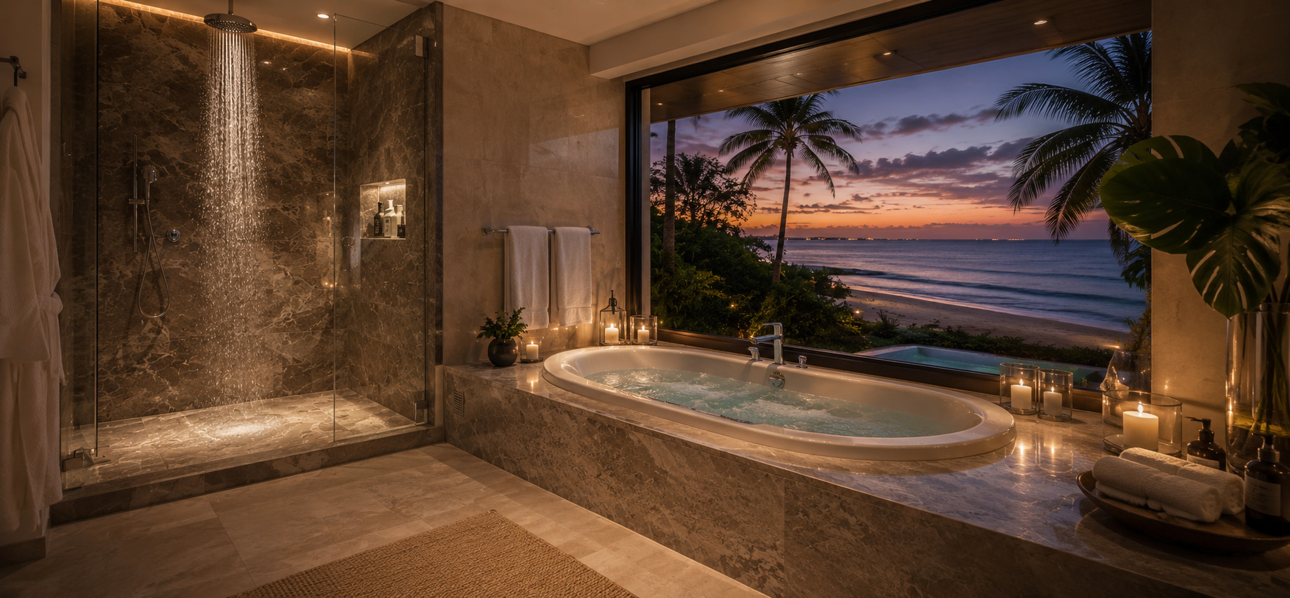 Natural-stone bathroom in a coastal bungalow with shower, bathtub and ocean view