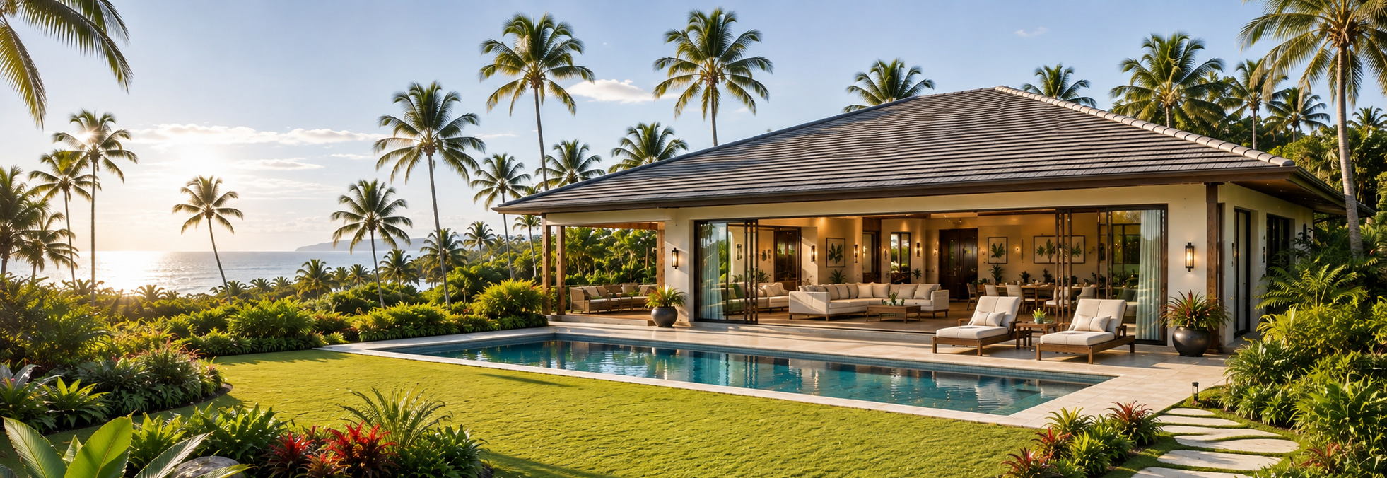 Single-storey coastal bungalow with pool terrace, garden and palm-lined setting