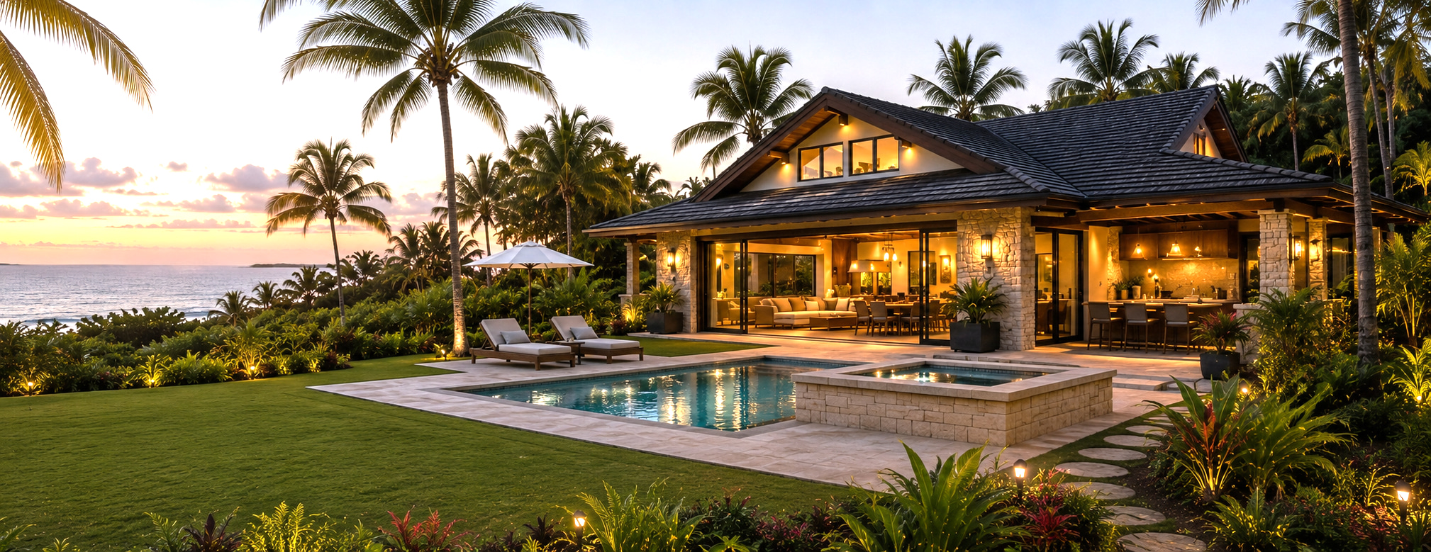 Architekturansicht des Strandhauses in Bahia mit Pool, separatem Spa-Becken, überdachter Terrasse und Atlantikblick im Abendlicht.