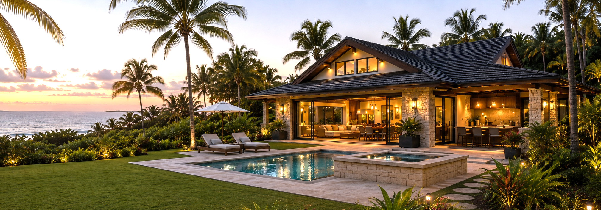 Spacious beach villa with pool and open living area among palm trees at sunset