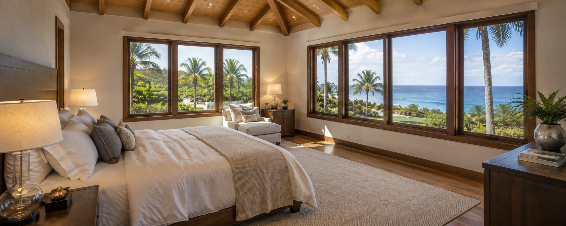Bright bedroom in a beach residence with panoramic windows and direct ocean views