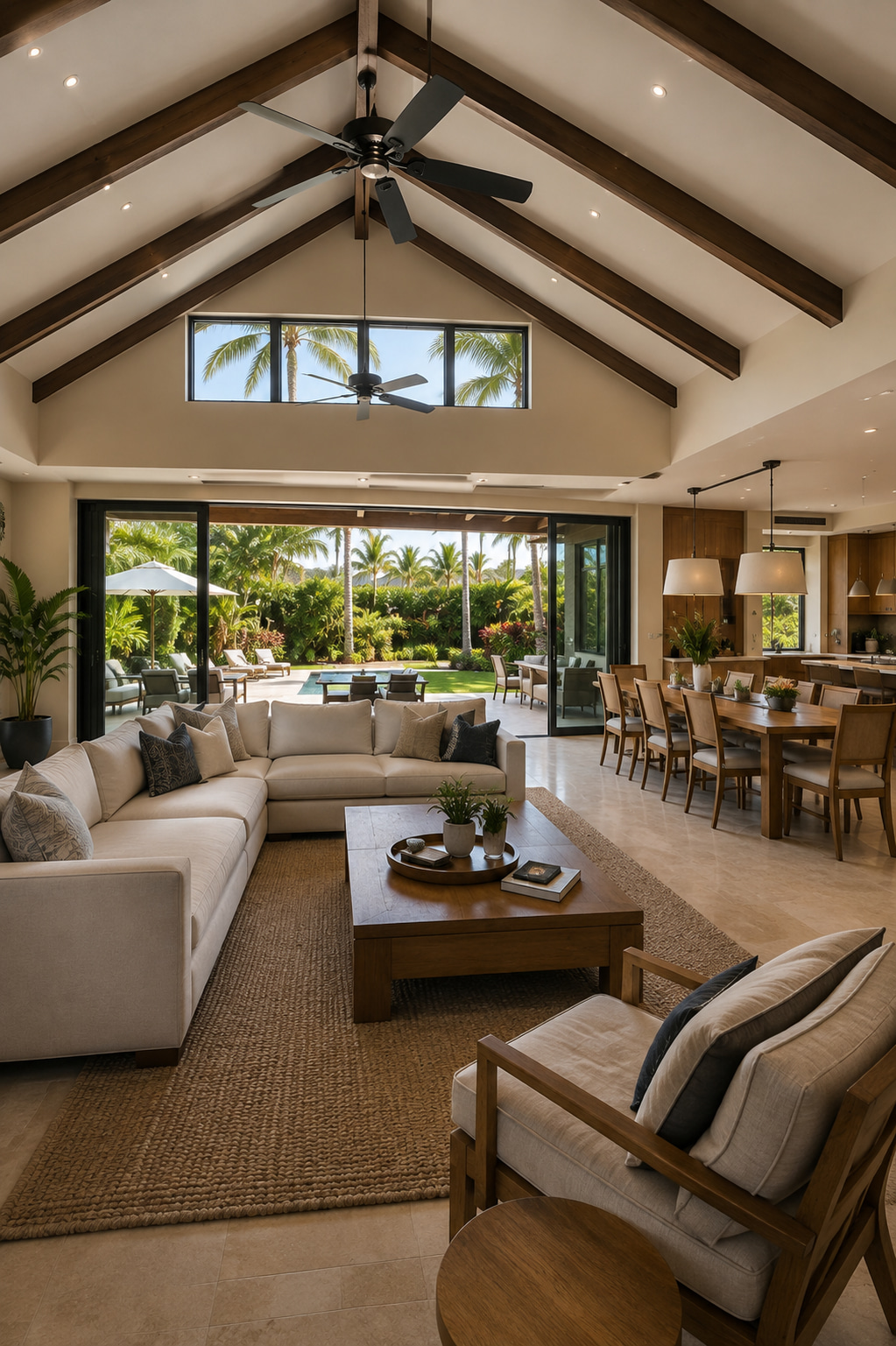 Open-plan living and dining area with a high ceiling and connection to the tropical garden