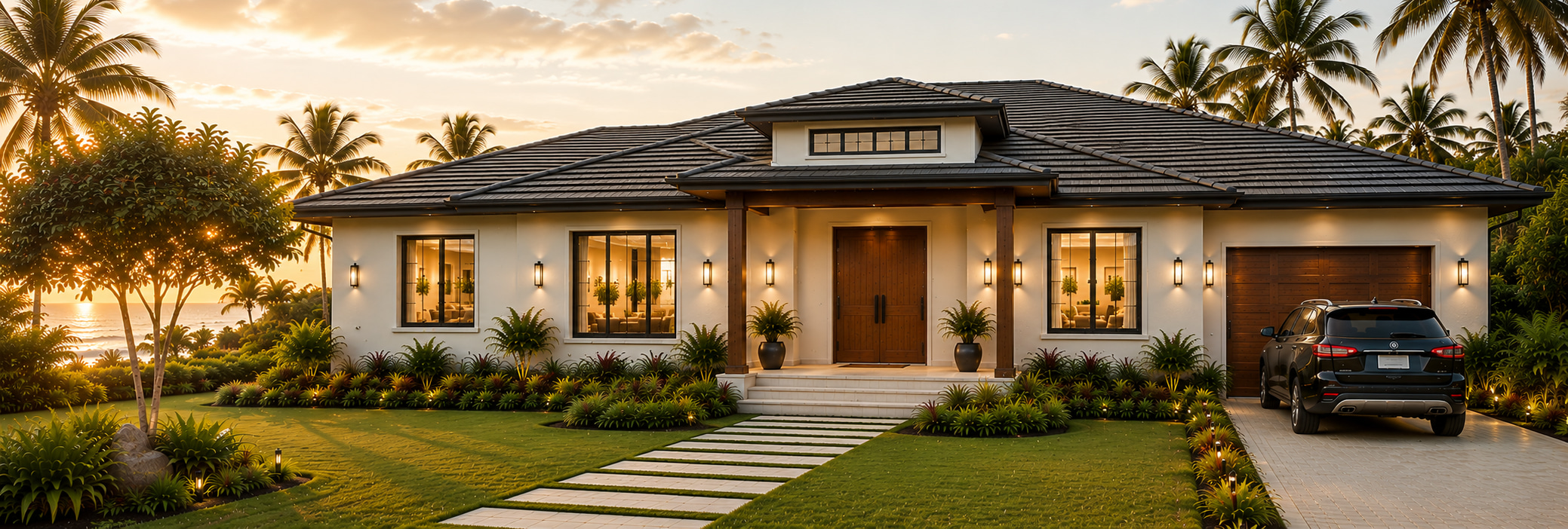 Modern single-storey bungalow with integrated garage and tropical front garden