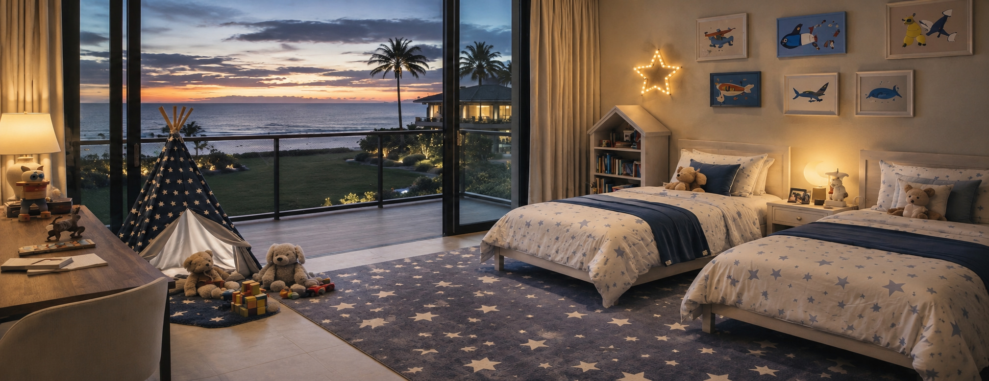 Children’s bedroom with twin beds, play tent and views of palms, pool and ocean