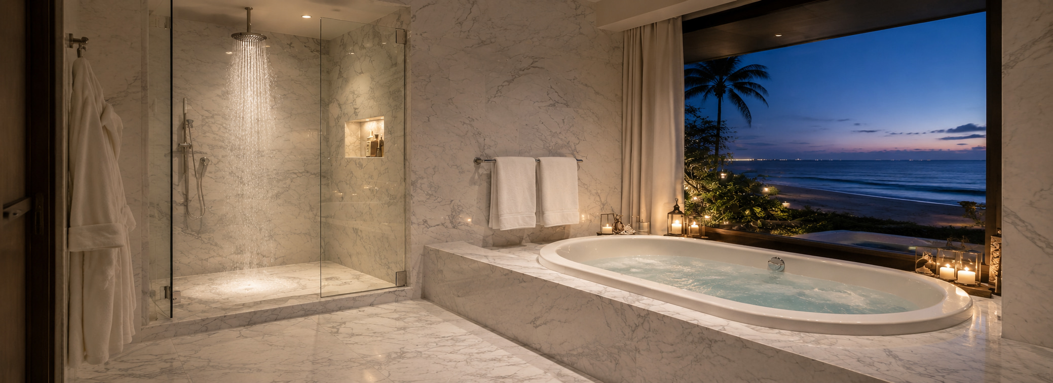 Bright natural-stone bathroom with freestanding bathtub and window towards the ocean