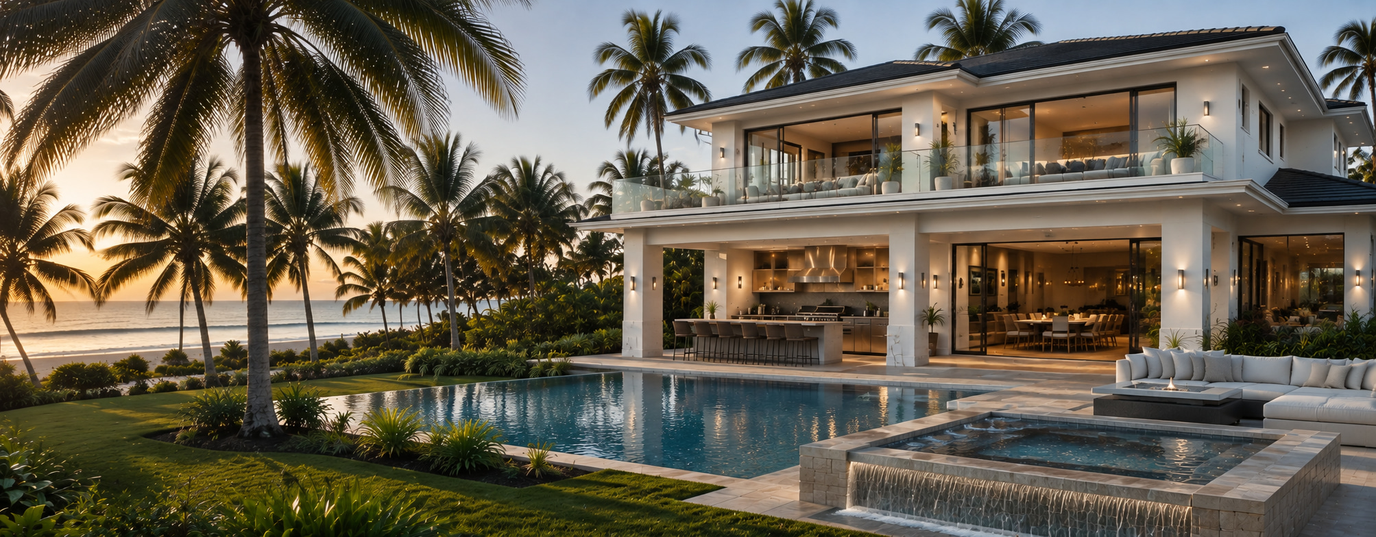 Strandvilla Lemanja an Bahias Atlantikküste mit weitläufiger Poolterrasse, separatem Spa-Becken und tropischem Garten im Abendlicht.