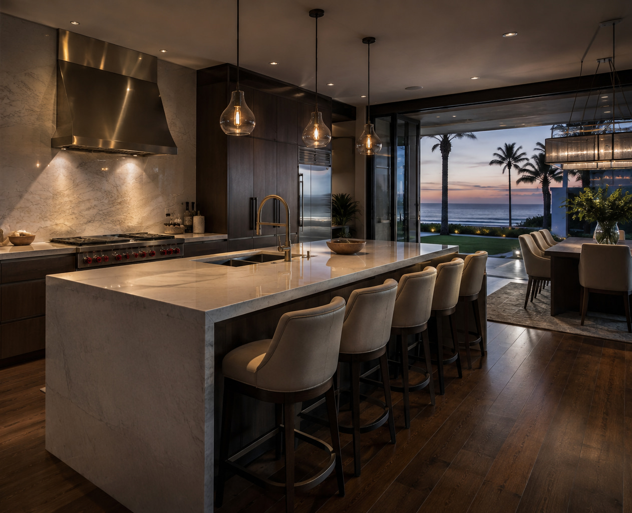 Dark-toned kitchen with natural-stone island opening onto an ocean-facing living area