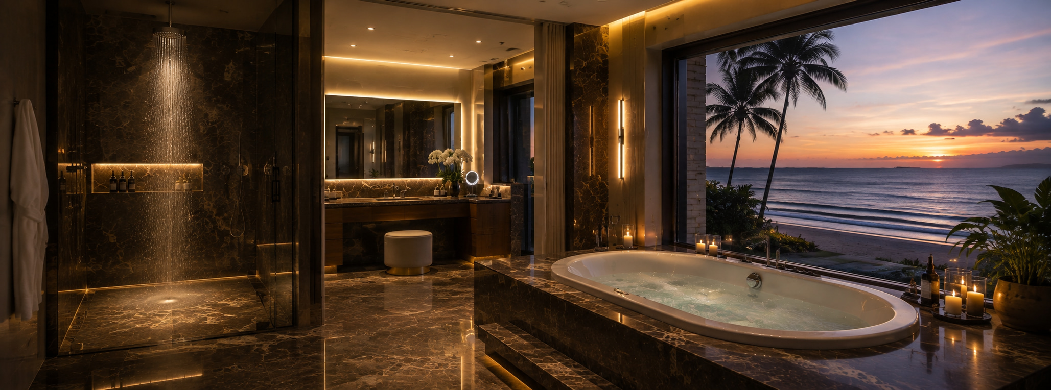 Spacious natural-stone bathroom with freestanding tub and ocean view at sunset