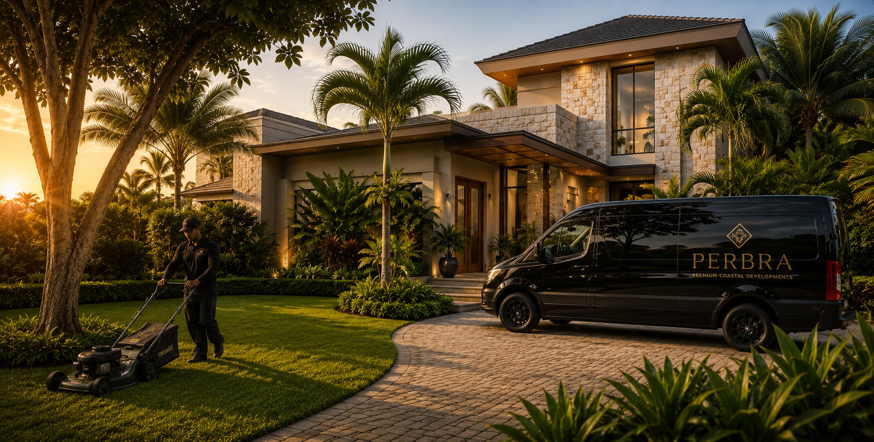 Modern coastal villa with PERBRA service vehicle and landscaped tropical grounds