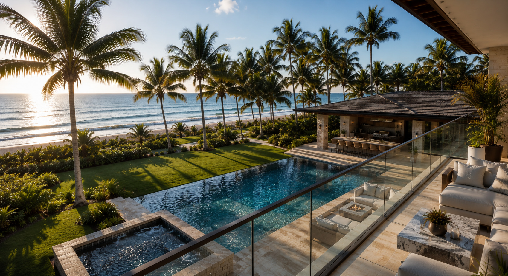 Private pool terrace with outdoor kitchen and views across palms to the Atlantic