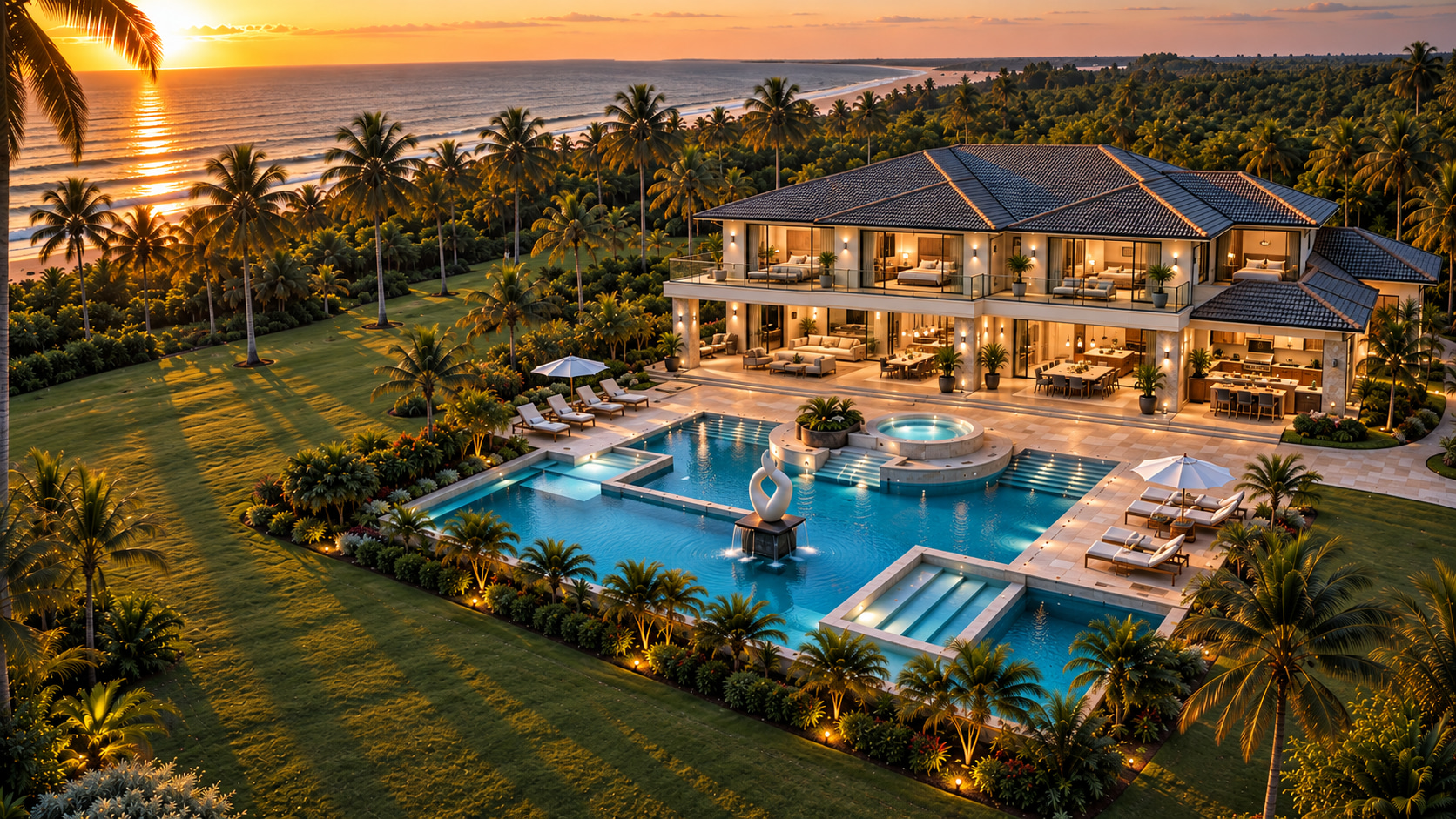 Costa Serena: Entwurf eines privaten Küstenanwesens mit repräsentativer Residenz, weitläufiger Poollandschaft und Blick auf das offene Meer.