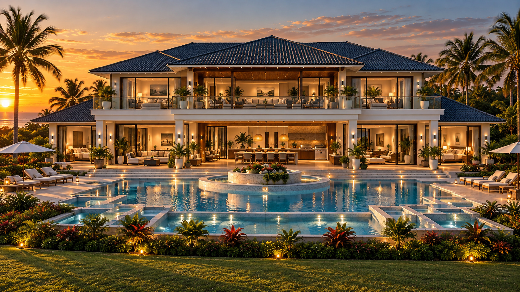 Symmetrische Frontansicht der geplanten Privatresidenz mit Glasbrüstungen, weitläufiger Poolterrasse und tropischer Gartengestaltung.
