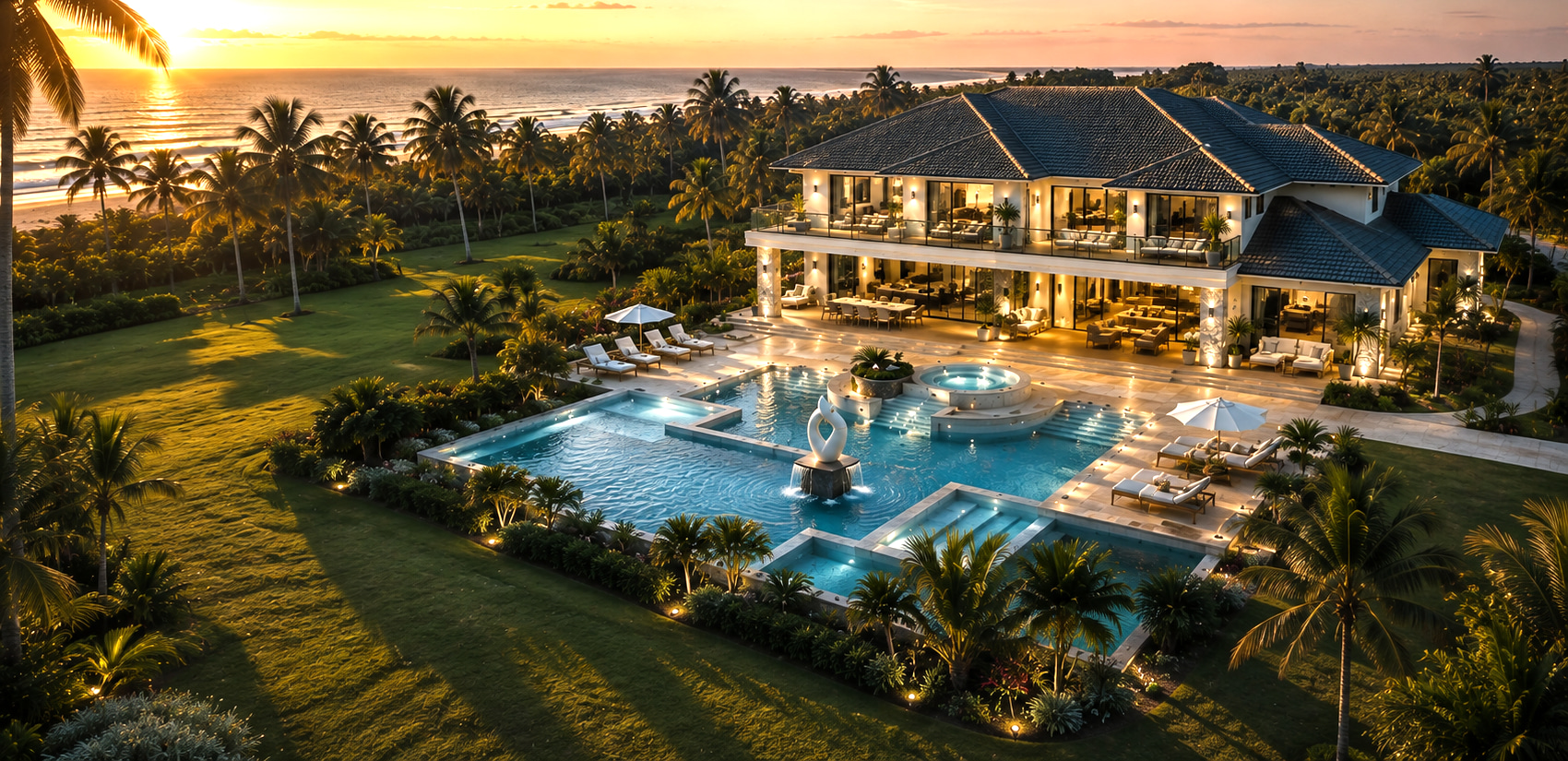 Aerial vision of an expansive private coastal estate on the Costa das Baleias