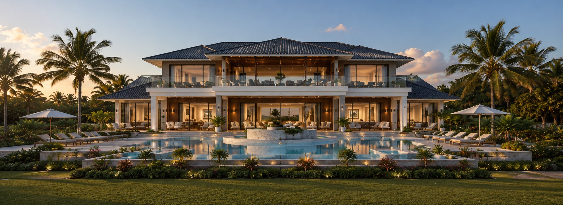 Architectural vision of a private residence with pool and palms