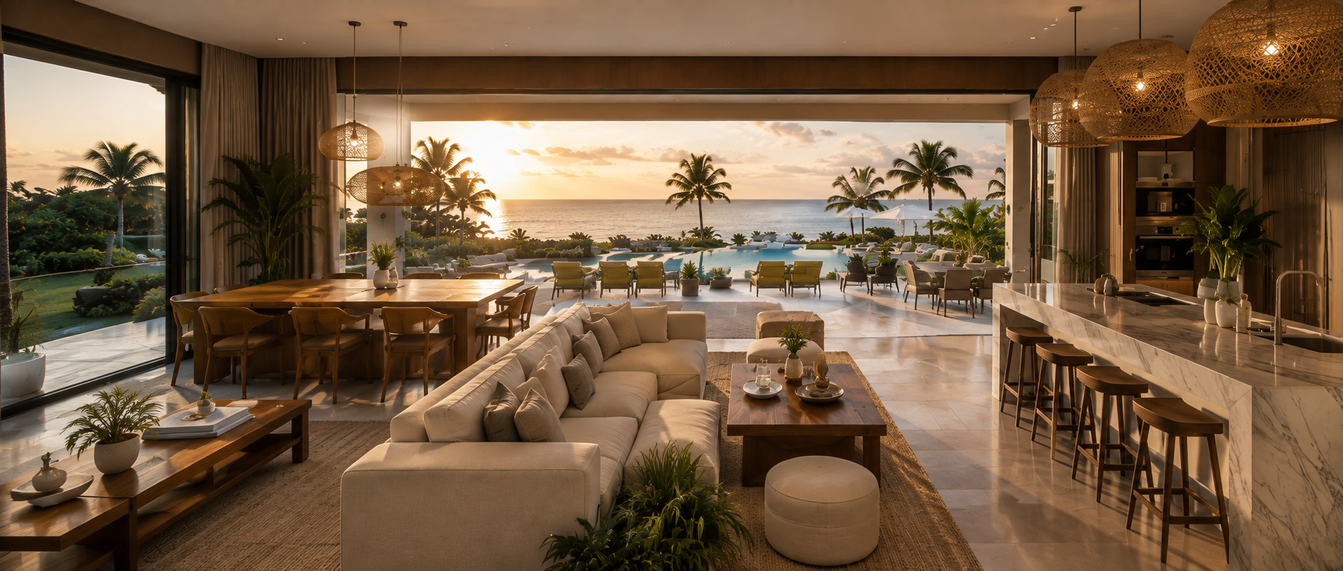 Open-plan coastal residence interior overlooking pool and ocean