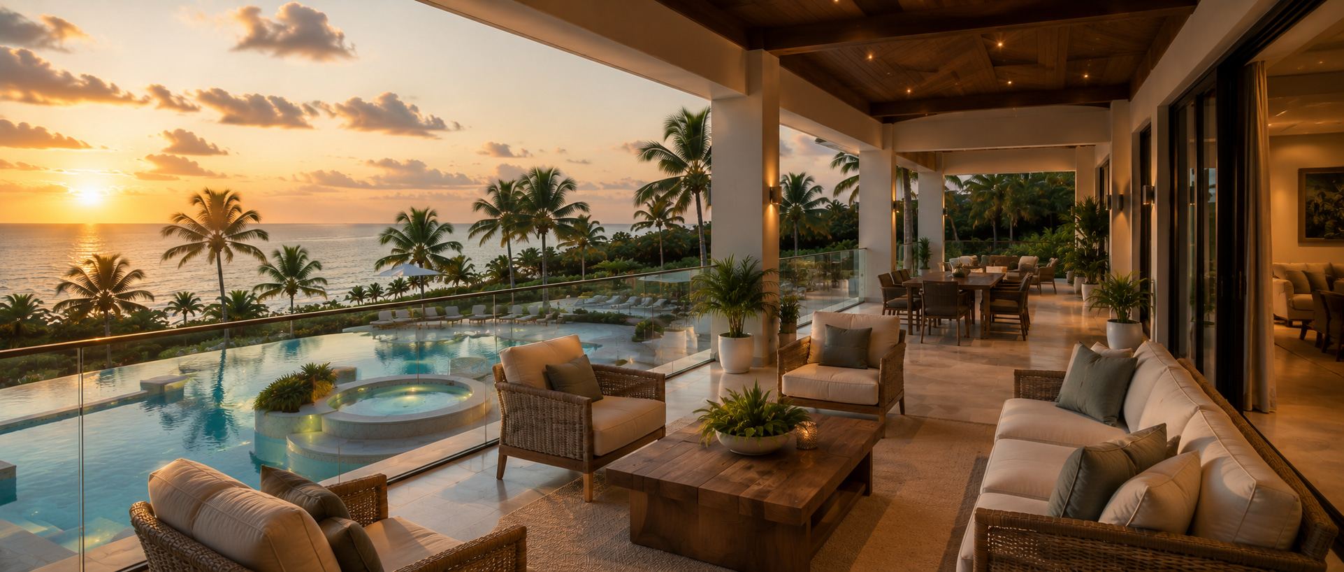 Covered private coastal lounge overlooking pool and ocean
