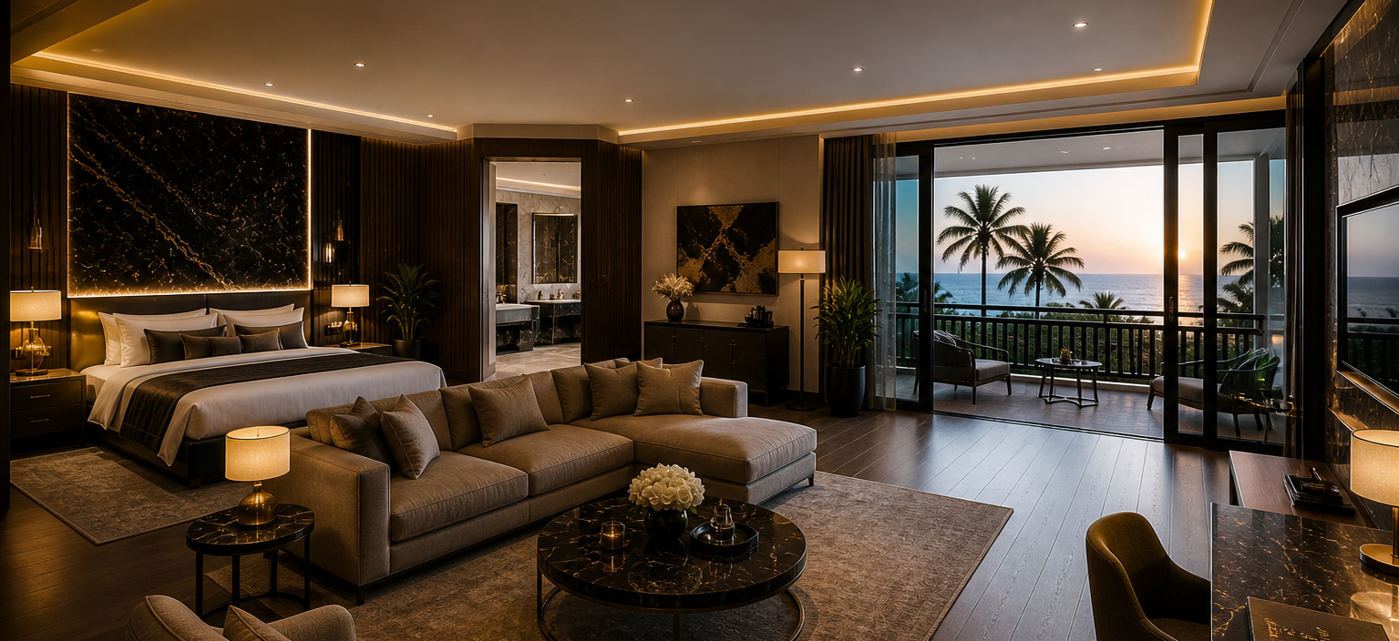 Großzügige Schlafsuite mit Lounge und Balkonblick auf Palmen und Meer