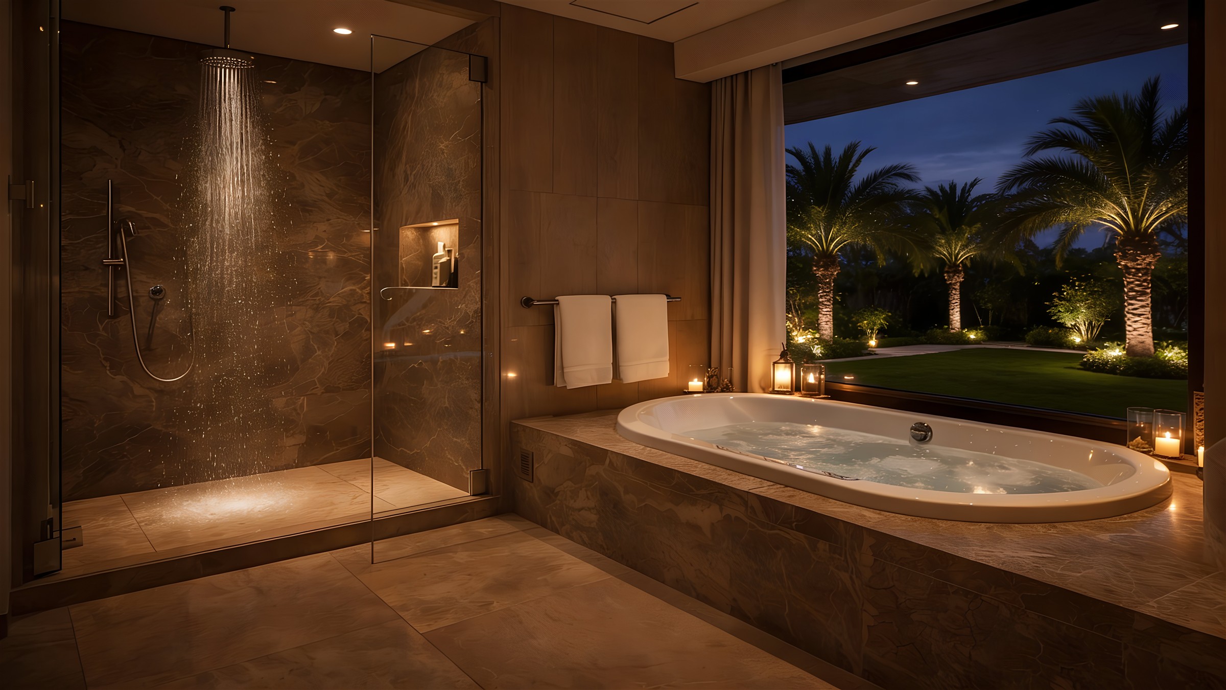 Private Wellnesswelt mit Bad, Gartenblick und atmosphärischem Licht