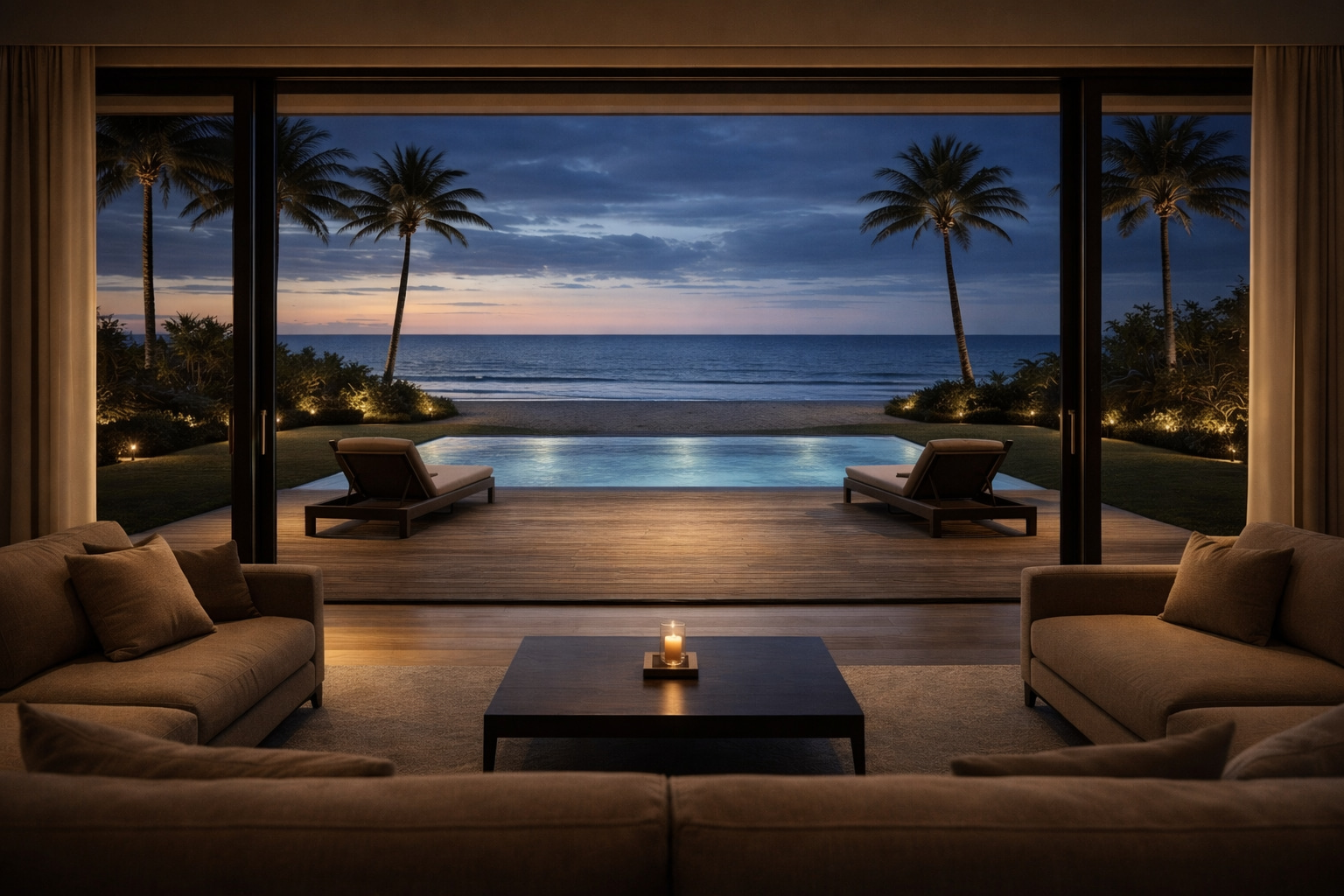 Wohnvision mit direktem Blick über Pool, Palmen und Atlantik